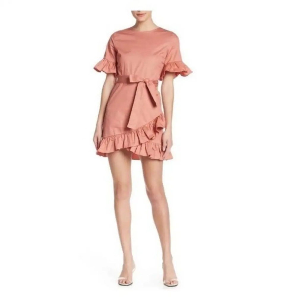 ENGLISH FACTORY Mauve Pink Ruffle Sleeve Flutter Mini A-Line High-Waist Dress S